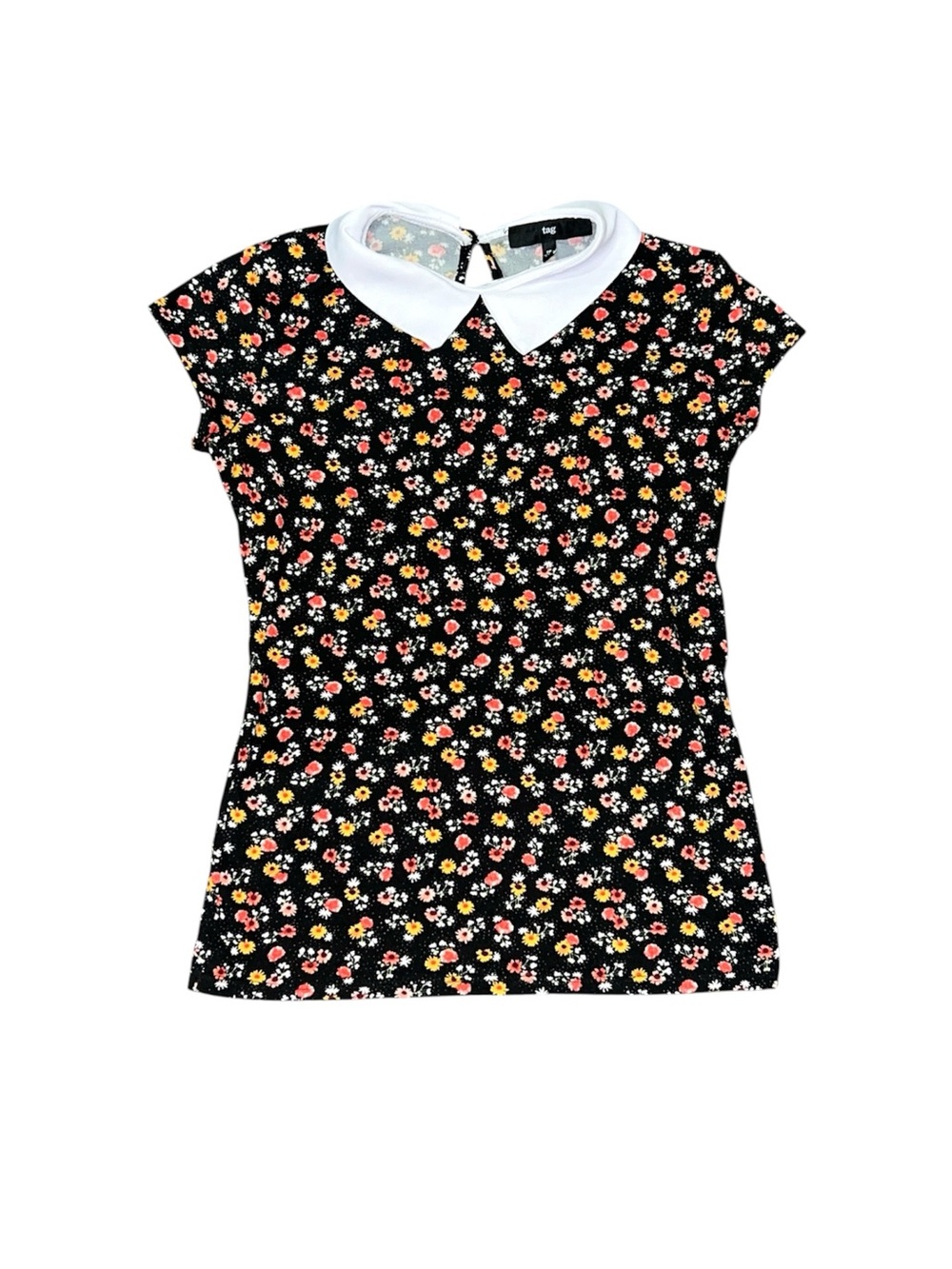 Tag Black Floral Blouse With White Collar Women’s Size XS Preppy Twee Stretchy